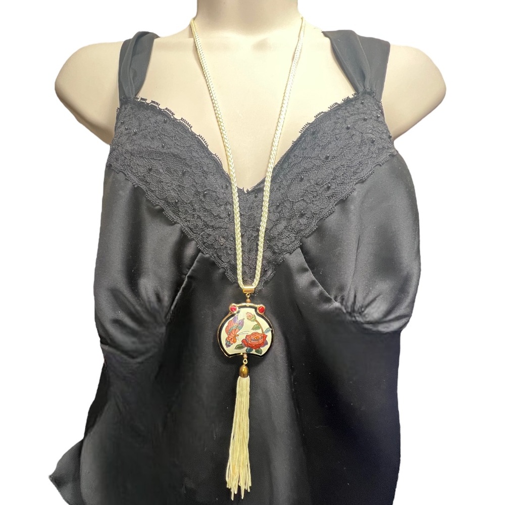 Vintage Cloisonne Butterfly, Floral Design Pendant with Rope Necklace and Tassel